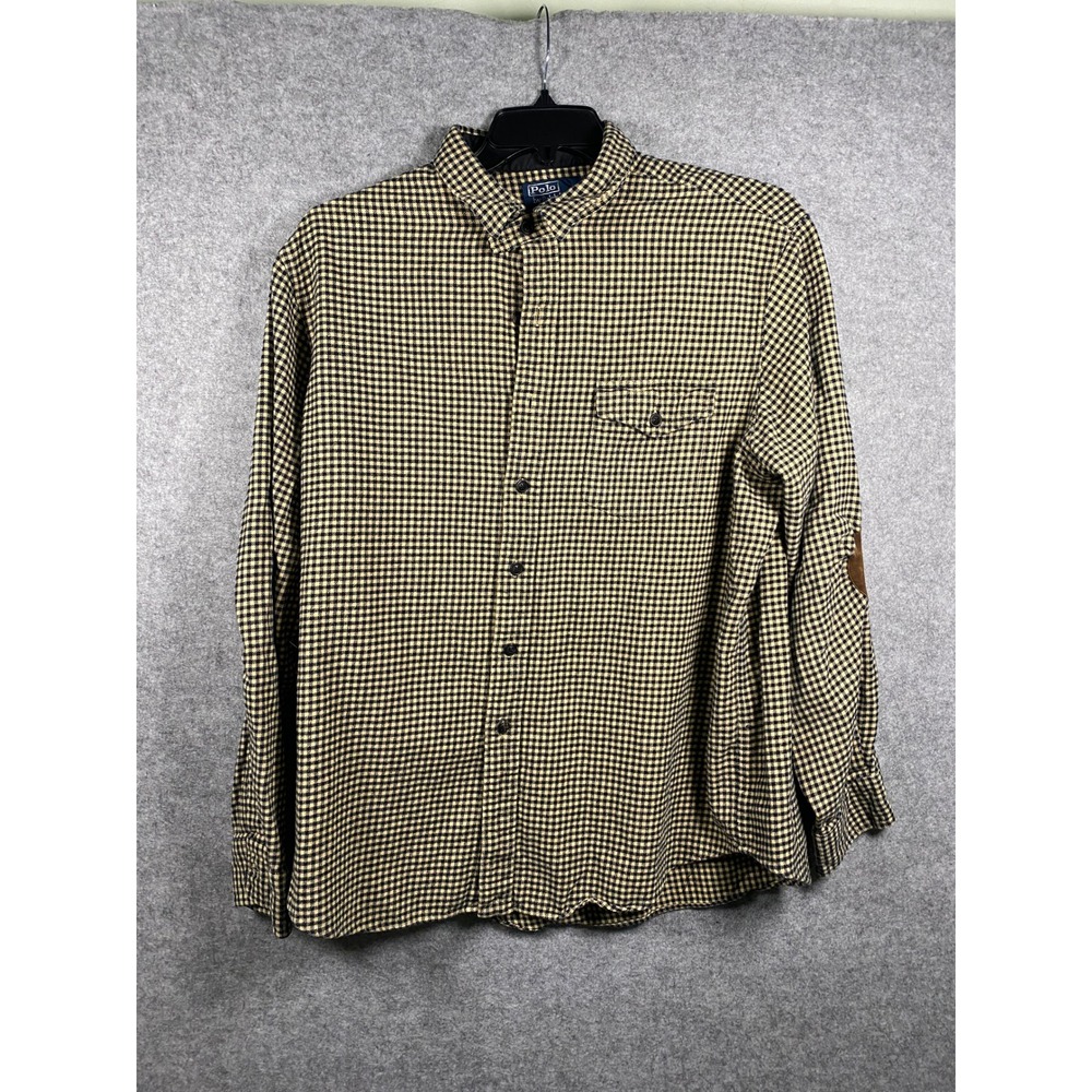 Polo Ralph Lauren Mens XXL Houndstooth Flannel Shirt Elbow Patches Tan Navy Blue